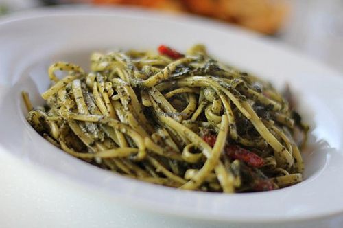 Pesto pasta - this is my favorite dish. Creamy pesto with sundried tomatoes. Double yum! at My Vegan Gold in Los Angeles