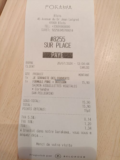 The bill at Pokawa in Blois