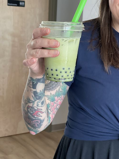 Matcha with almond milk and boba   at Harbor Fox Coffee Bar in West Dennis