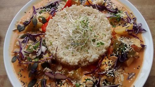 Curry with smoked tofu and nuts at Avocado Vegan Bistro in Gdansk