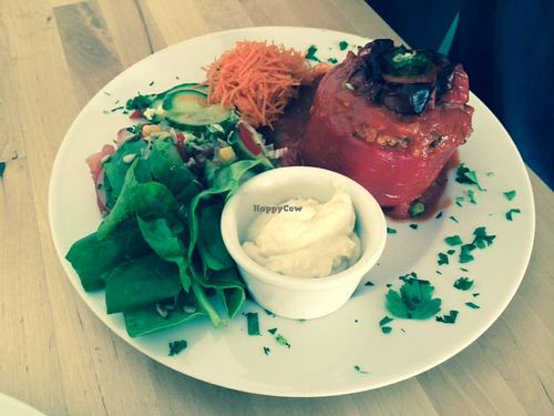 Roasted red pepper, stuffed with millet and vegetables.  at Avocado Vegan Bistro in Gdansk