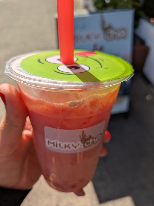 Milky strawberry with coconut milk and strawberry popping boba at Milky-Cha in Astoria