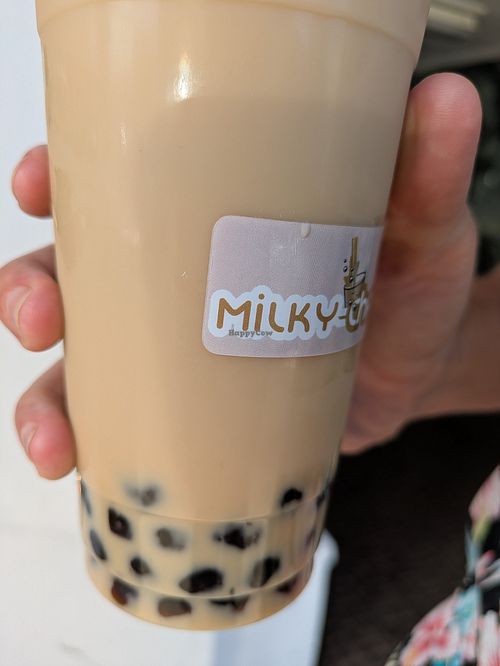 Oolong with oat milk and tapioca boba at Milky-Cha in Astoria