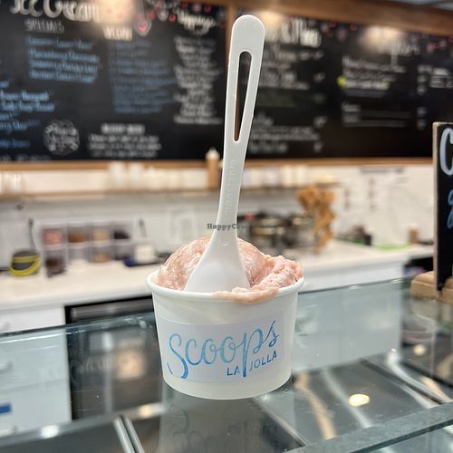 Strawberry shortcake single scoop  at Scoops La Jolla in La Jolla