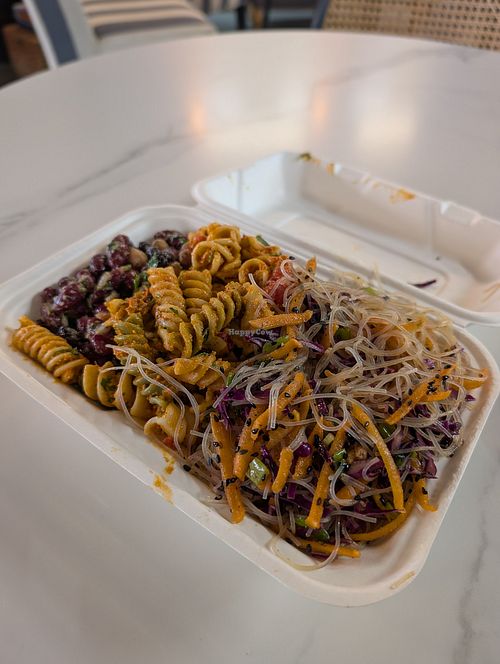 Bean salad, Pasta salad, Mung bean noodle + soy curls at Tastoria Kitchen - Food Stand in Oshawa