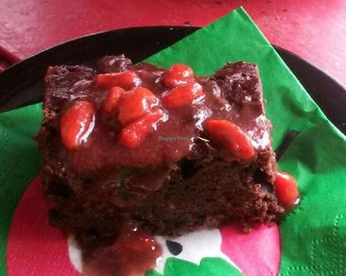 chocolate-carob brownie with goji sauce at Vegan Bar in Bratislava
