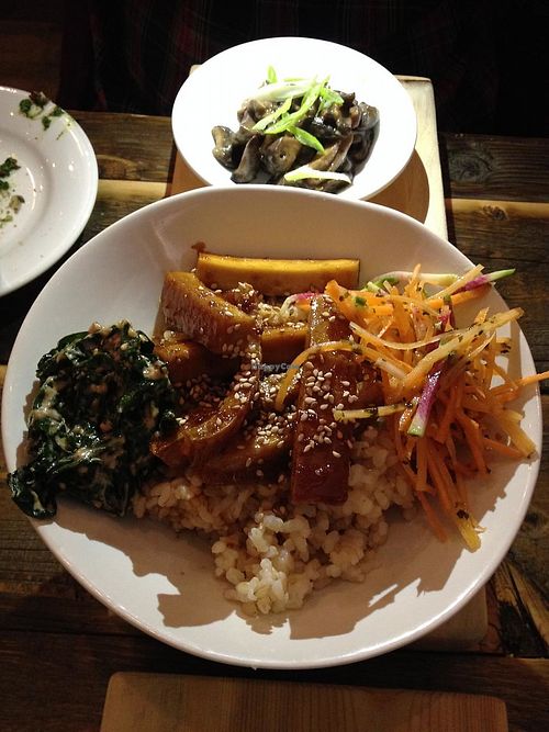 Tofu rice bowl with mushrooms.  at Solfeggio in Pemberton