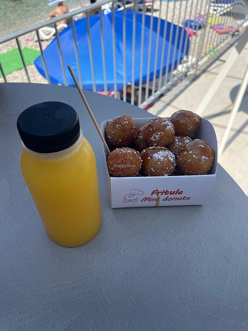 Fritule with crème brûlée sauce and fresh juice (orange, apple and pineapple)    at Jaya in Tucepi