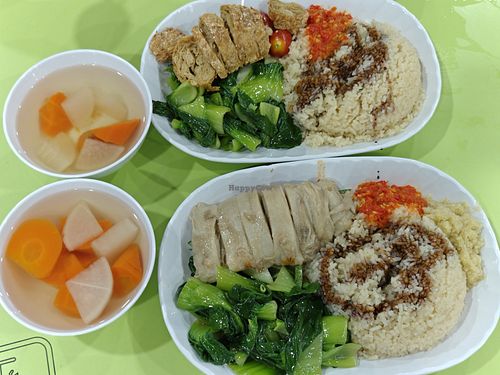 Roasted chicken and steamed chicken rice set at 121 Vegetarian in Central Singapore