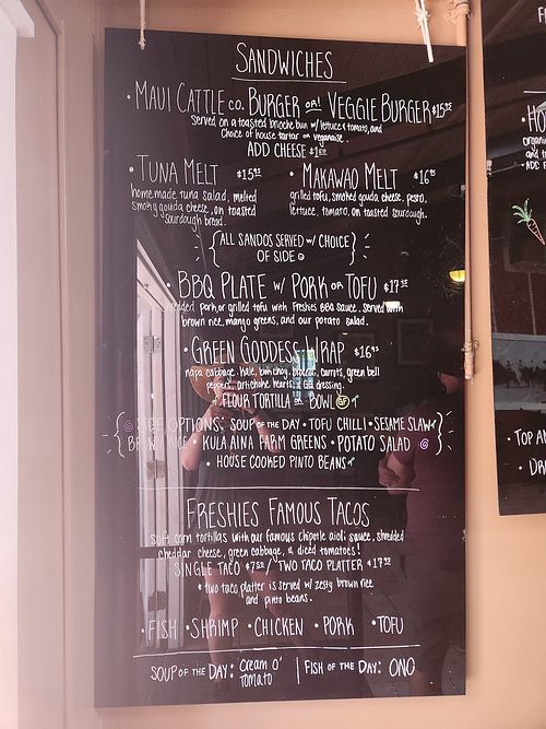 Veggie burger, tofu bbq plate (swap potato salad for sesame slaw), green goddess wrap, tofu tacos at Freshies Maui in Makawao