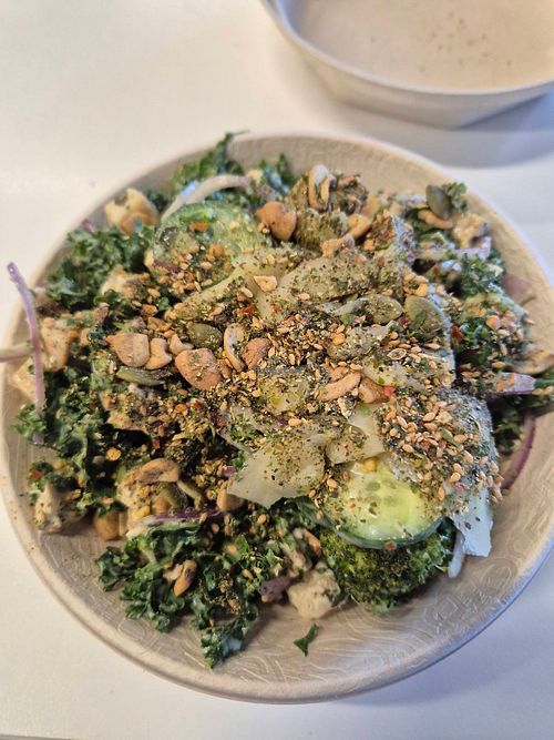 Green dream $15.90 (sub in roasted tofu, kale, spicy broccoli, cucumber, edamame, red onion, pickled ginger, umami cashew crunch, and thai green goddess dressing) at Fishbowl - 275 Kent in Sydney