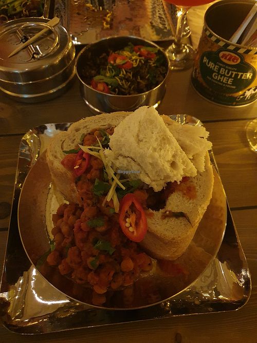 Holy Chow:
Vegan showstopper. A good sharer. Spiced chickpea, potato, spinach, fresh ginger & mango served in a loaf. at Mowgli in Knutsford