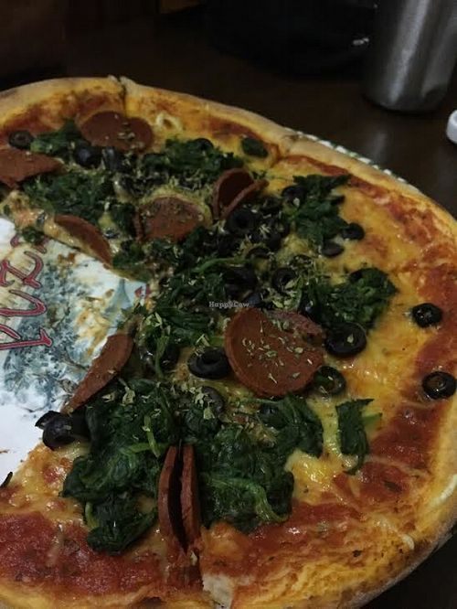 Pepperoni, olives, spinach at Express Pizza in Copenhagen