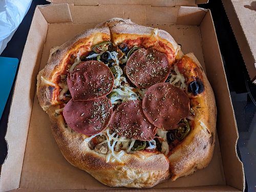 Deep pan vegan chorizo pizza at Express Pizza in Copenhagen