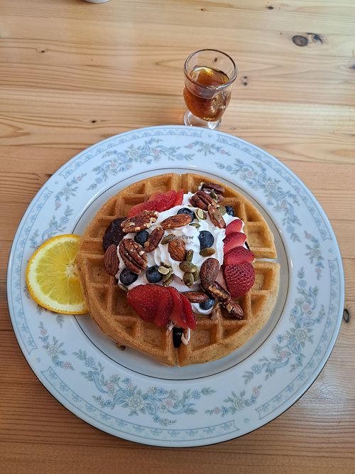 Waffles with coconut whip at The Broken Bow in Port Alberni