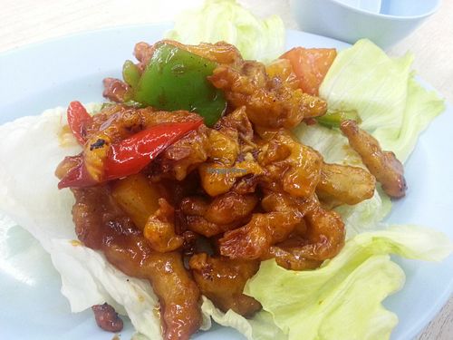 Sweet and sour abalone mushrooms.  at Yuan Xiang Vegetarian in Northeast Singapore