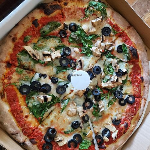 Mushroom and spinach pizza with olives at Ozzy's Apizza in Glendale