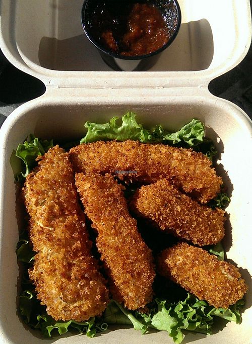 Chicken Fingers (Beyond Meat strips w/ Panko Crumbs + BBQ sauce) at Organix Vegan Deli in Los Angeles