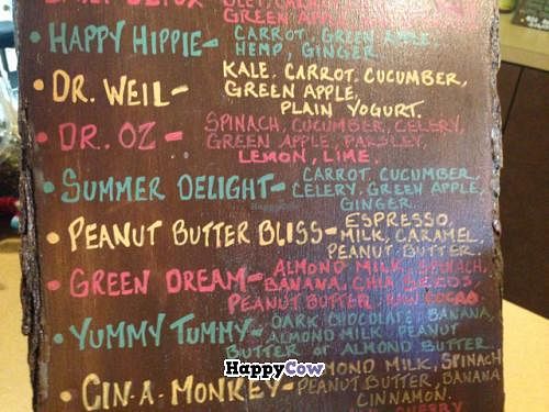 suggested juice menu  at Eco-Bean Organic Coffee House in Tarpon Springs