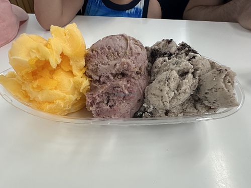 Mango ice, açaí oatmilk ice cream, and cookies ice creamm  at Great Escape Ice Cream Parlor in Watkins Glen