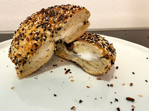 everything bagel (plated at home) at Backyard Bagel in Seattle
