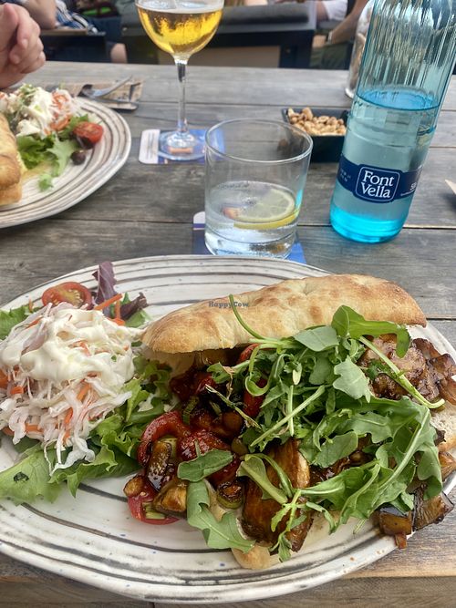 Heura vegan foccacia sandwich, served with a side salad.   at Eleven in Moraira