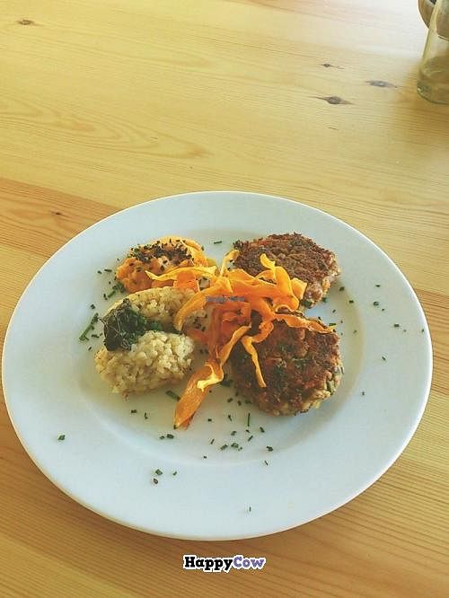 Lentil burgers and whole rice at Sopa - Boronat in Barcelona