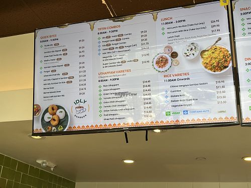 Wall menu - vegan items well marked   at Idly Express in Mountain View