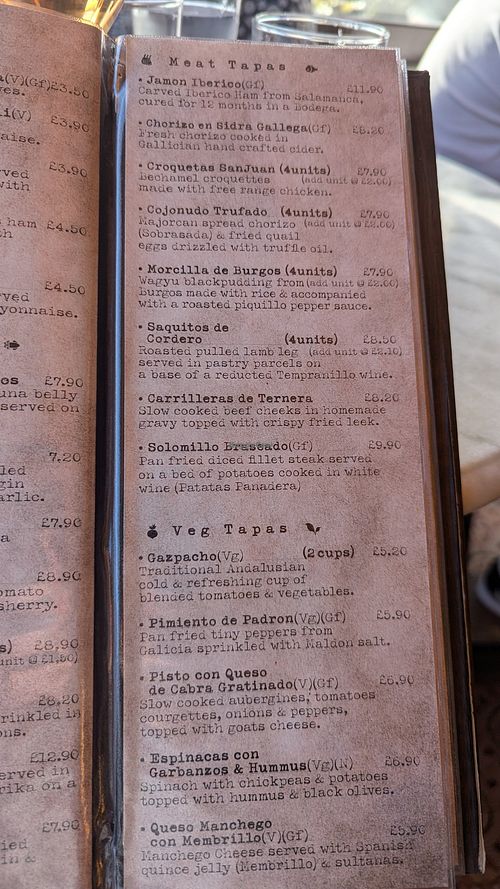 Menu at Bar San Juan in Manchester