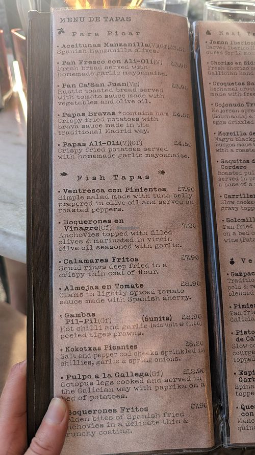 Menu at Bar San Juan in Manchester