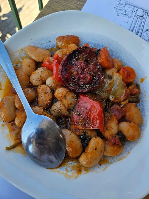 Giant beans with tomato saucee  at Giannikos in Paliouri