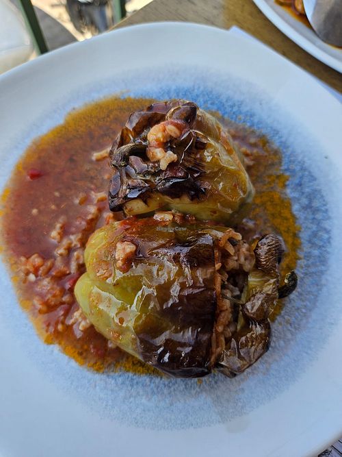 Green peppers stuffed with rice  at Giannikos in Paliouri