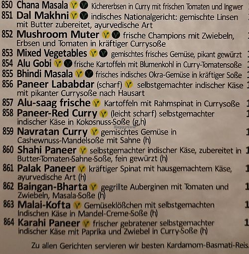 Ausschnitt der Speisekarte at Himalaya Indisches Restaurant in Moosburg