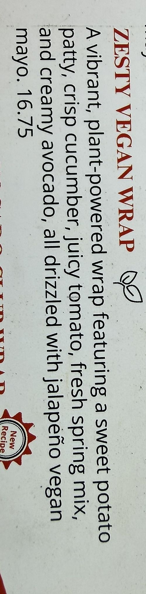 Menu description of the vegan wrap  at One North in Jackson