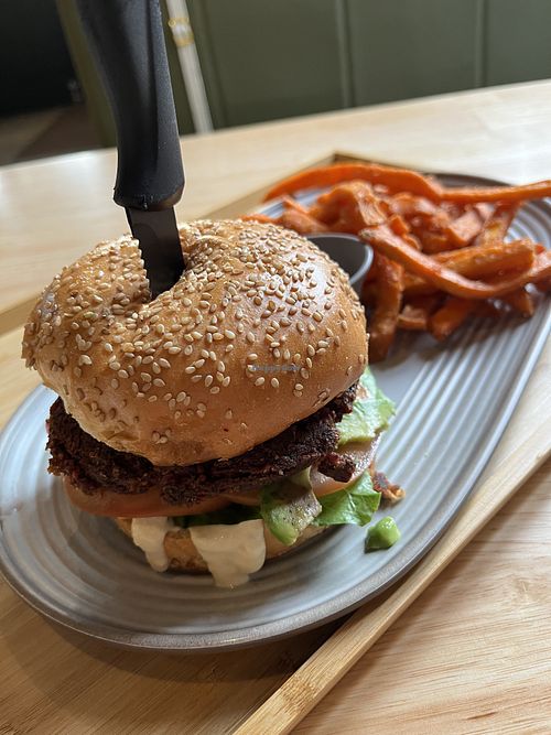Beetroot Falafel Burger with Sweet Potato Friess  at Just Falafel Vegan Cafe in Houston