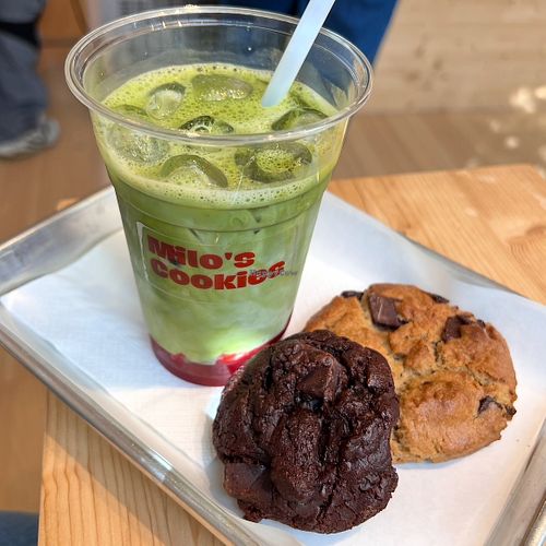 double chocolate & chocolate chip cookie + iced raspberry matcha latte with oat milk   at Milo's Cookies in Basel