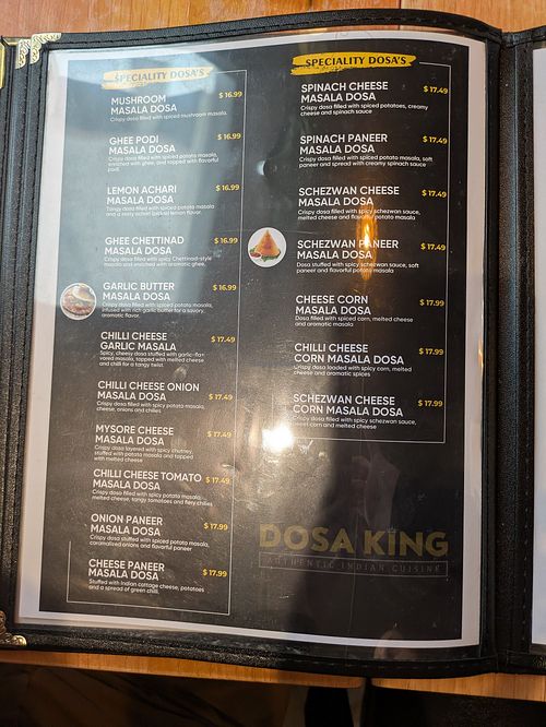 Dosa menu is organized by style/ingredients at Dosa King  in Ottawa