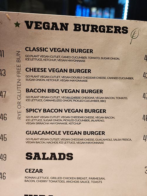 Vegan burger options at Teddy's Burger N' Bar in Warsaw