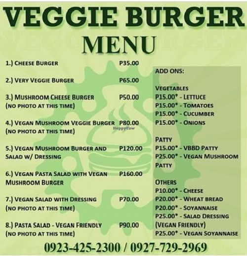 menu at Veggie Burger Bike Delivery in Metro Manila