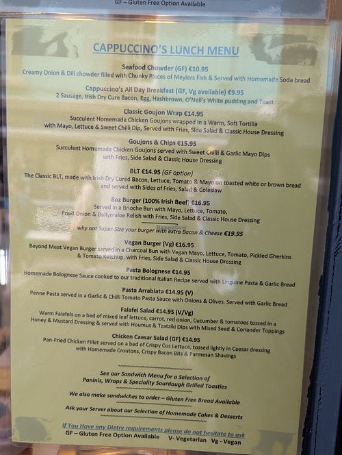 Lunch menu at Cappuccinos in Wexford