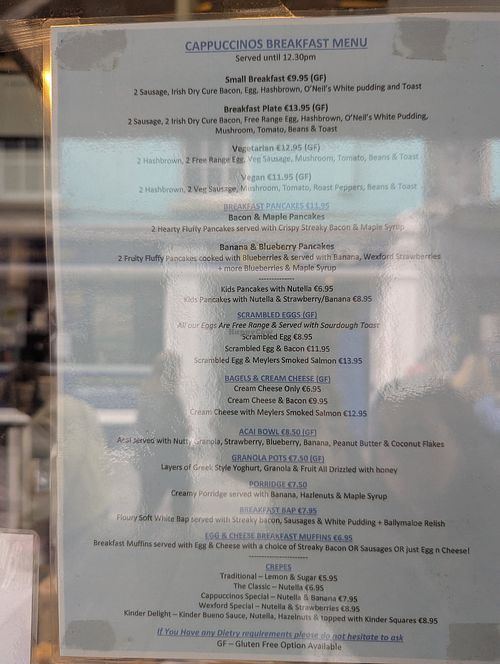 Breakfast menu at Cappuccinos in Wexford