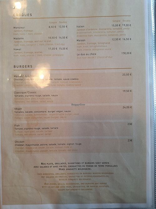 Menu page with vegan option 2025-05-07 at Le Carrefour in La Roche-en-ardenne