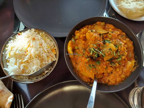 Saffron rice and sabzi zambar (vegetables with lentils -- also had a little pineapple) at Cilantro in Edinburgh