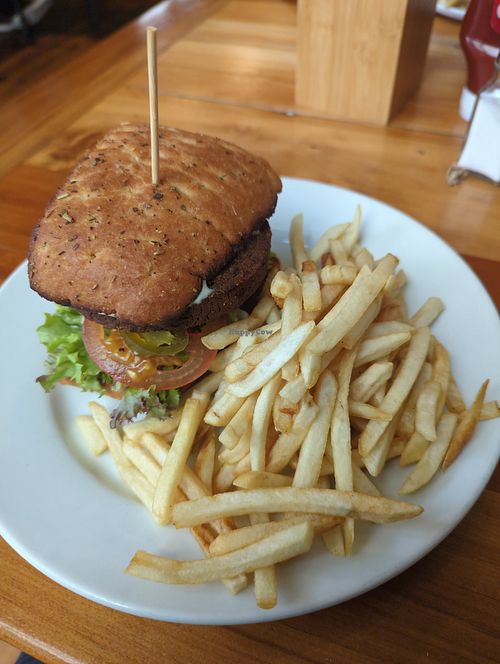 The only savoury vegan option, black bean Burger at Utopia Cafe in Ohakune