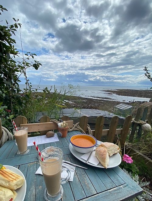 tomato & basil soup with iced coffee  at Crail Harbour Gallery  in Crail