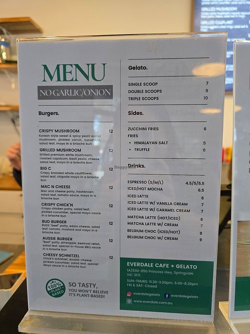 Menu for special dietary requirement - no onion/garlic at Everdale Cafe & Gelato in Springvale