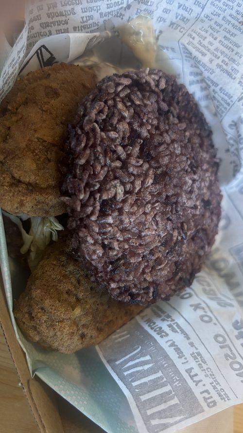 “Fish” burger in purple rice bun  at Everdale Cafe & Gelato in Springvale