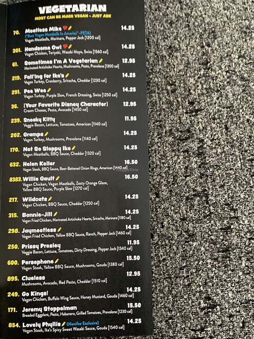 To go menu showing vegetarian/vegan sandwich options.  at Ike's in Menifee