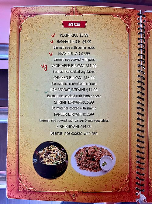 Rice menu at Tandoori Grill in Fresno