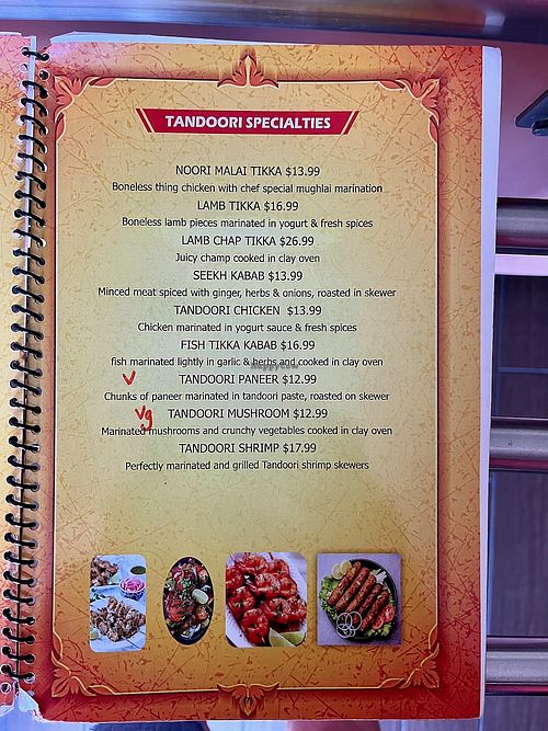 Tandoori specialties menu at Tandoori Grill in Fresno